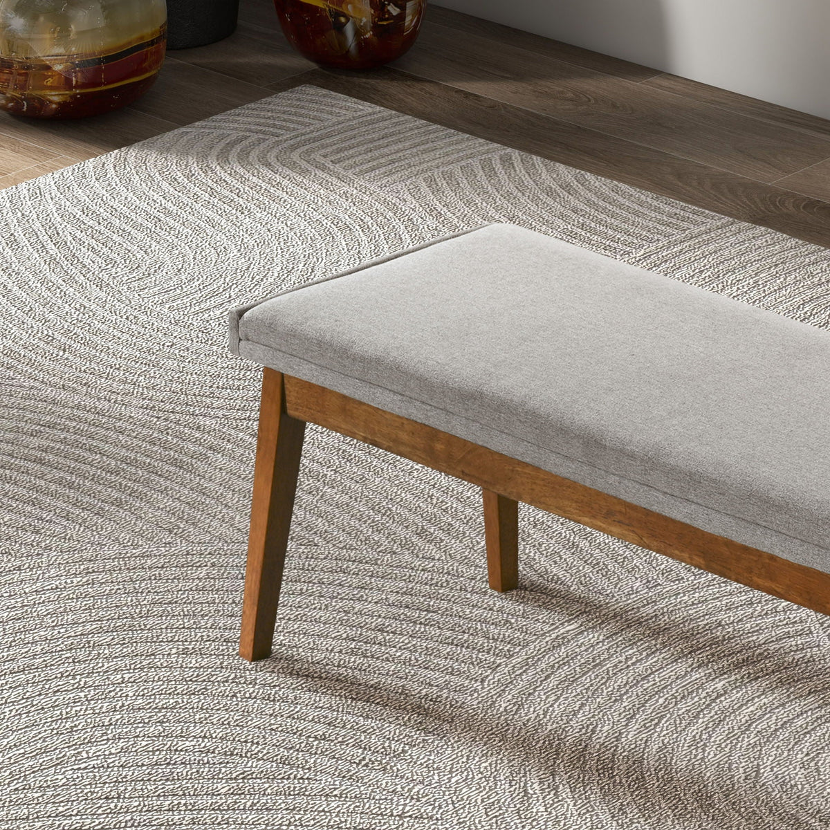 Ash Gray Upholstered Bench with Solid Wood Base by HouseOfZazla, charcoal fabric, wooden legs on Tampa Home & Garden Store
