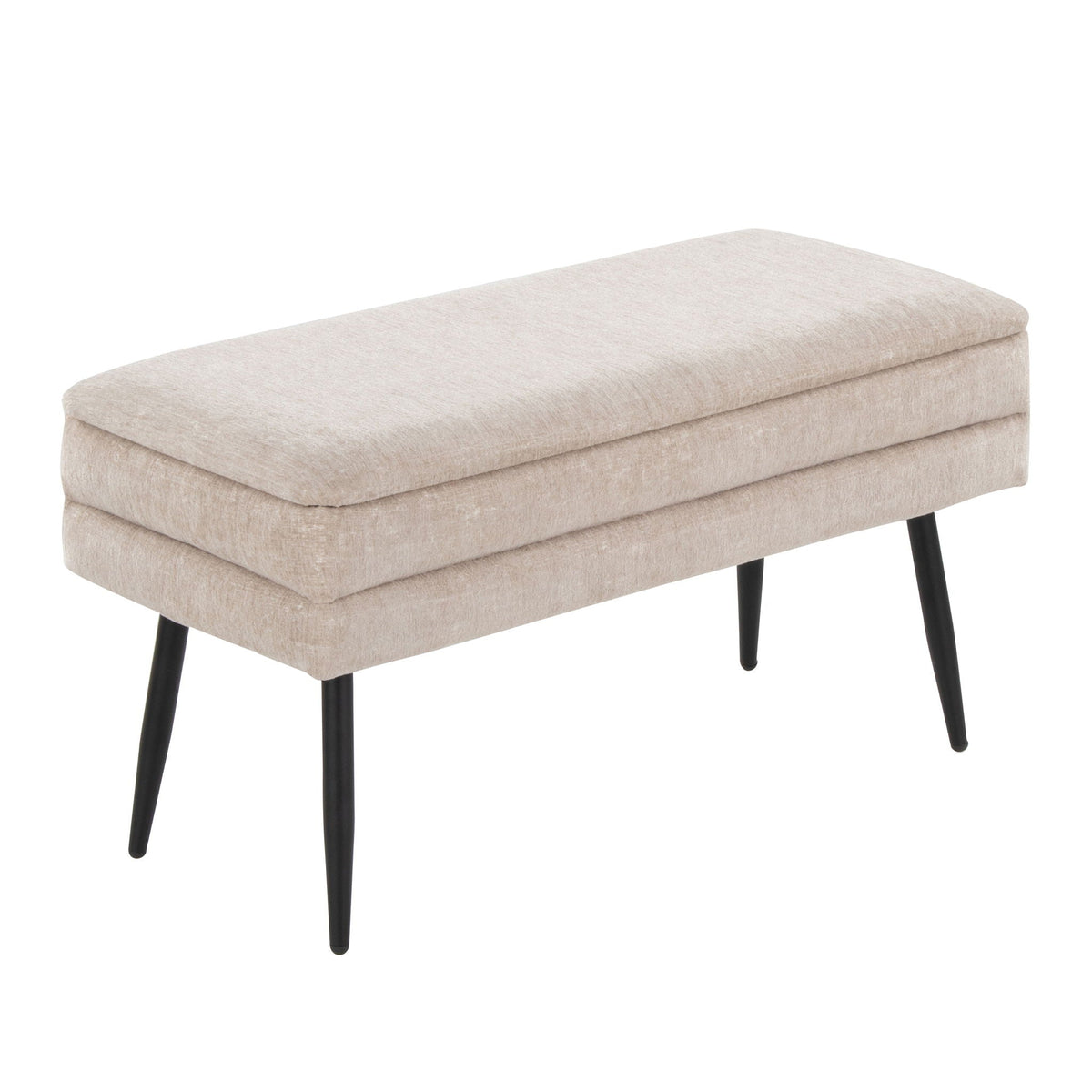 Contemporary storage bench with removable lid, beige fabric, black tapered legs on Tampa Home & Garden Store