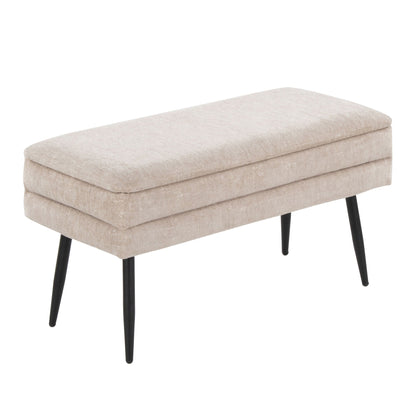 Contemporary storage bench with removable lid, beige fabric, black tapered legs on Tampa Home & Garden Store
