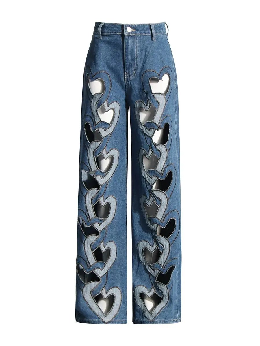 High-waist blue wide-leg jeans with hollow heart cutouts and mirrored heart accents FLIPSTYLEZLLC on Tampa Home & Garden Store