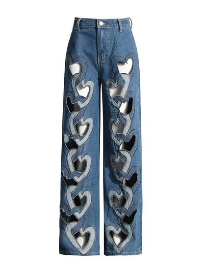 High-waist blue wide-leg jeans with hollow heart cutouts and mirrored heart accents FLIPSTYLEZLLC on Tampa Home & Garden Store