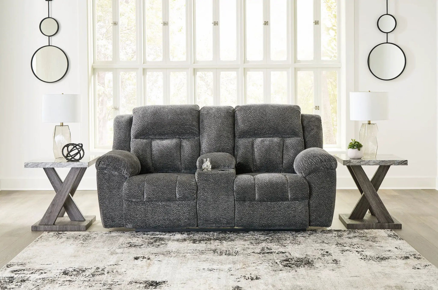 Frohn double reclining loveseat with center console in dark gray textured fabric on Tampa Home & Garden Store