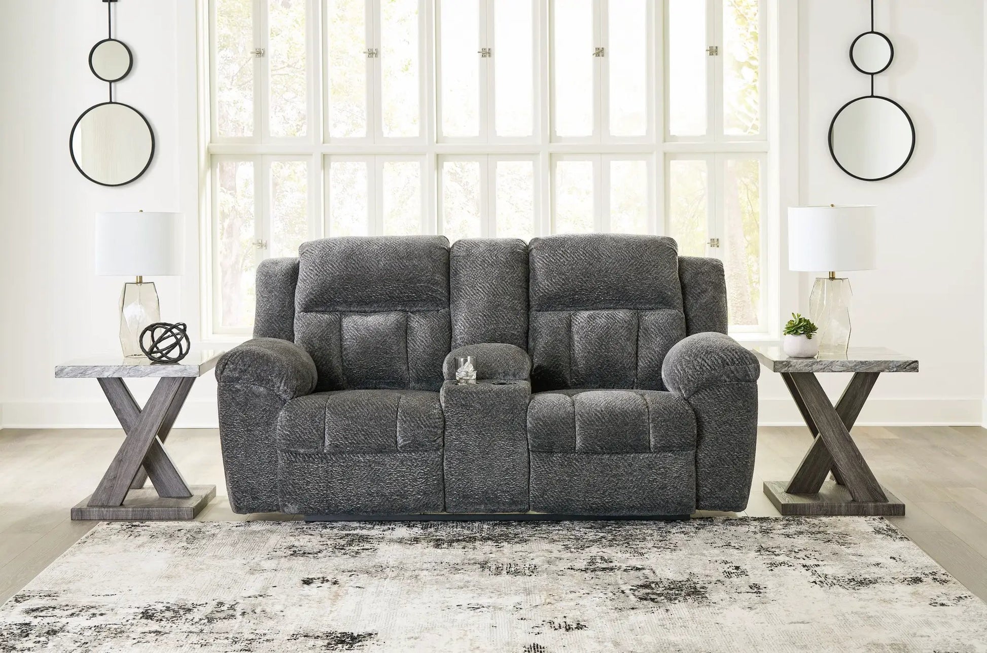 Frohn double reclining loveseat with center console in dark gray textured fabric on Tampa Home & Garden Store
