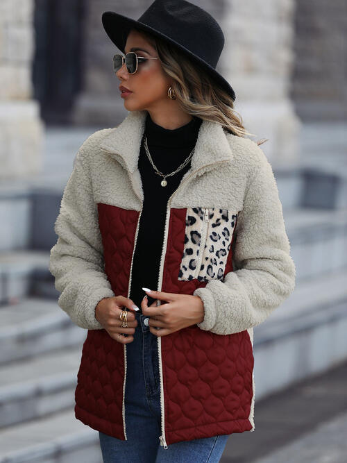Autumn Leopard Color Block Zip-Up Jacket with cream sherpa, burgundy quilted panels pockets on Tampa Home & Garden Store