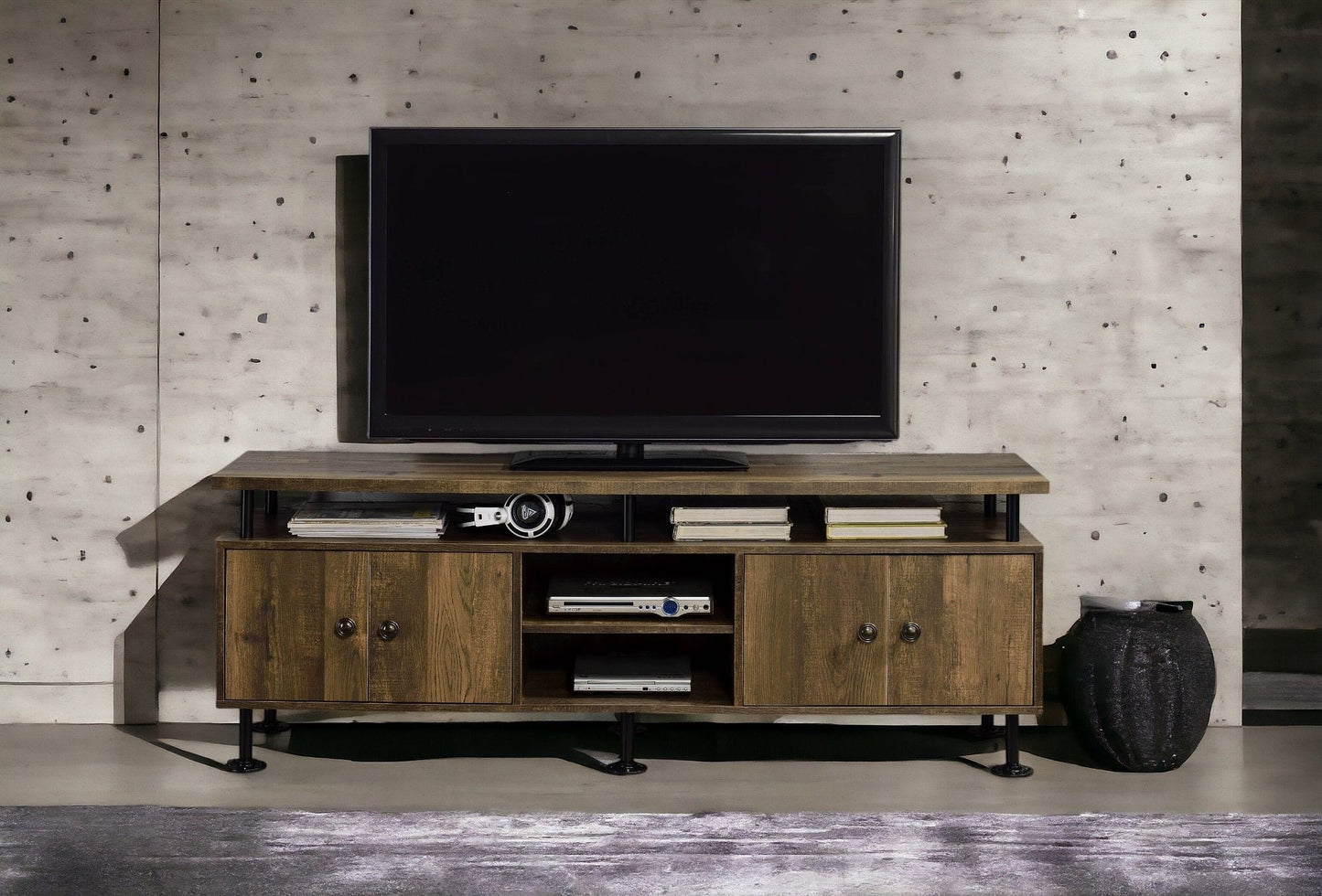 Ensata II TV stand rustic oak and black with side cabinets and open shelf with a TV on top on Tampa Home & Garden Store