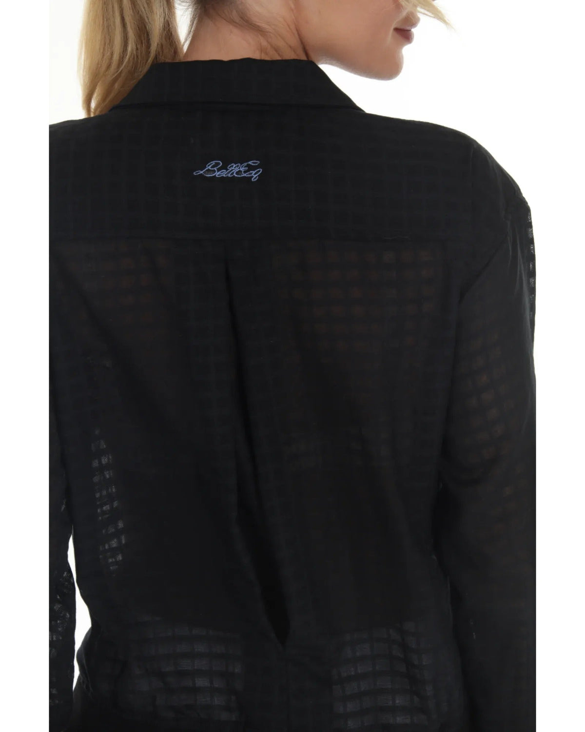 SUNDAE Women's Blouse Blackberry black sheer grid-pattern shirt with BellEq embroidery on back on Tampa Home & Garden Store