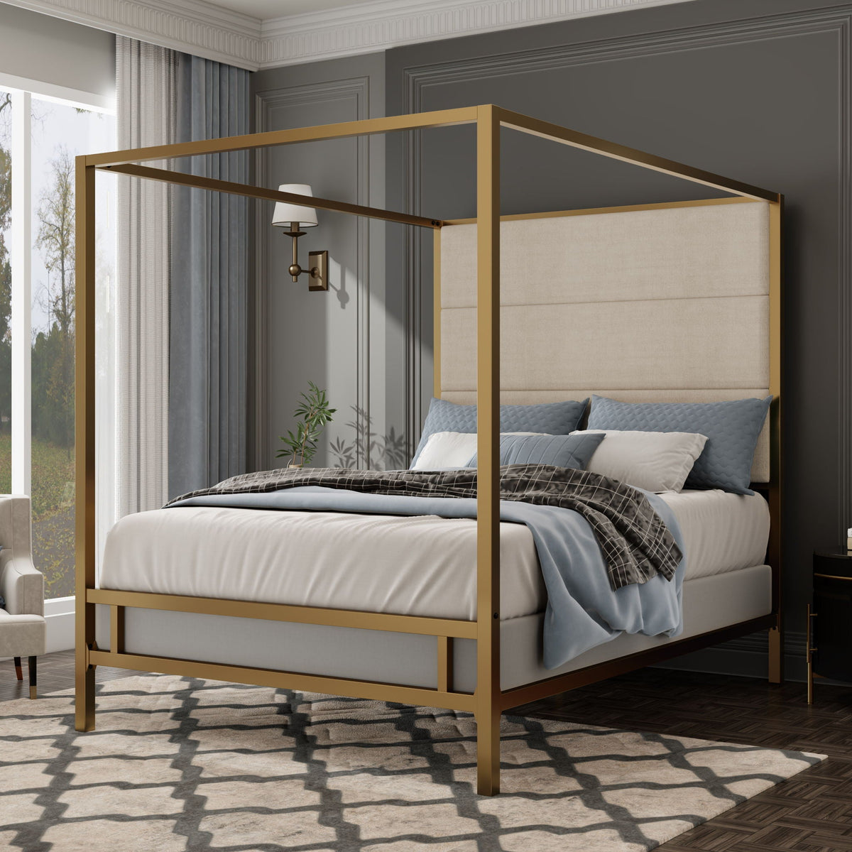 Canopy bed with tall beige upholstered headboard and gold four-poster frame by HouseOfZazla on Tampa Home & Garden Store
