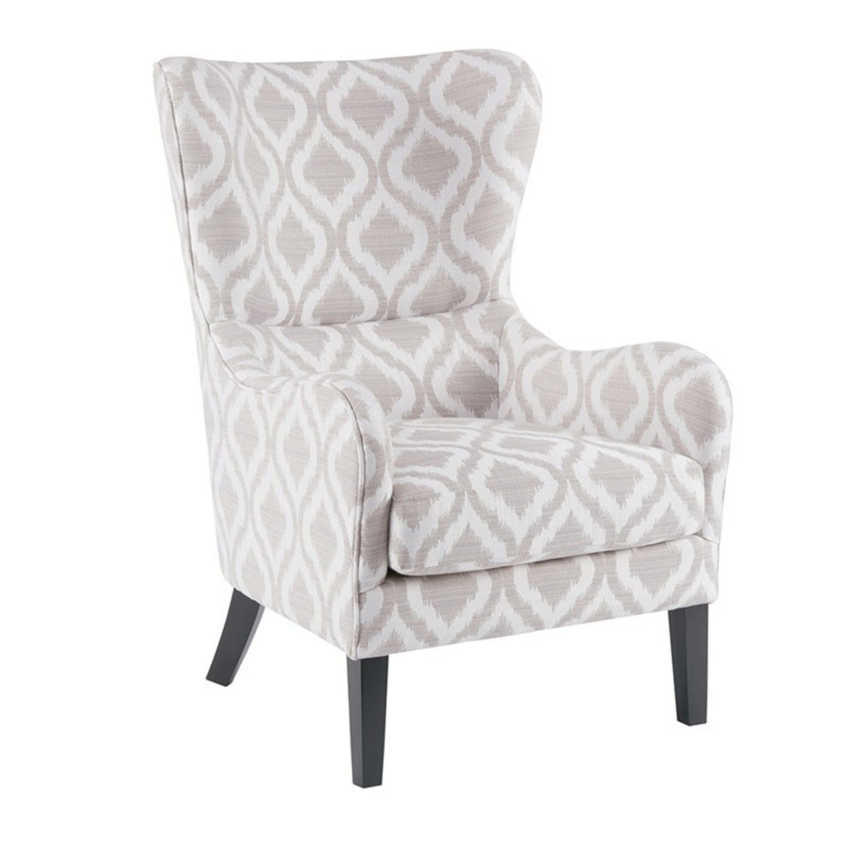 Arianna Swoop Wing Chair with High-Density Foam, beige/white ikat upholstery and dark legs on Tampa Home & Garden Store