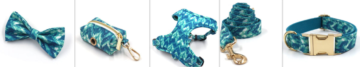 Pet Zen 5-piece teal dog walking set: bow tie, waste-bag dispenser, harness, leash, collar on Tampa Home & Garden Store