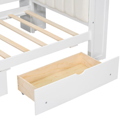 Platform bed with upholstered headboard, white frame, and pull-out drawer on Tampa Home & Garden Store