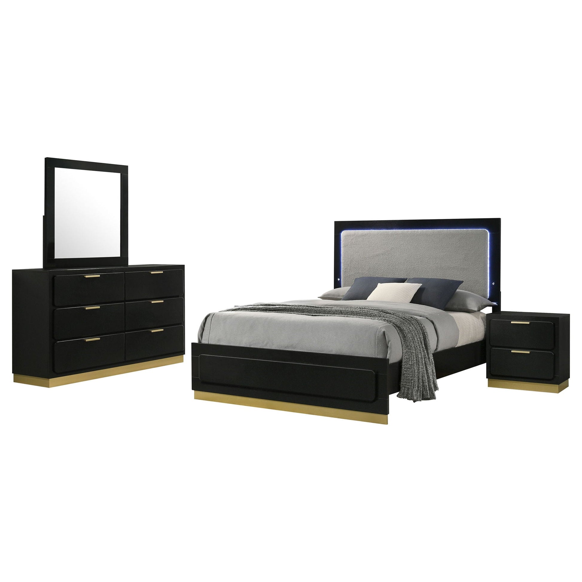 Sophia 4 Piece Bedroom Set HouseOfZazla black with gold base bed, dresser with mirror, nightstands on Tampa Home & Garden Store