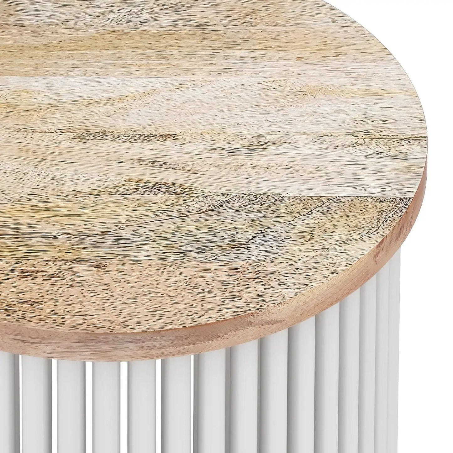 Demy Handcrafted metal accent table with round natural wood top and white rod base on Tampa Home & Garden Store