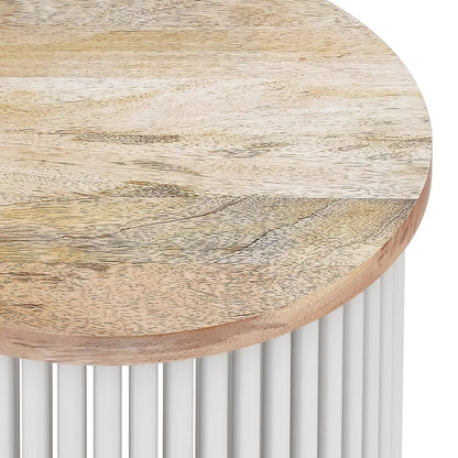 Demy Handcrafted metal accent table with round natural wood top and white rod base on Tampa Home & Garden Store