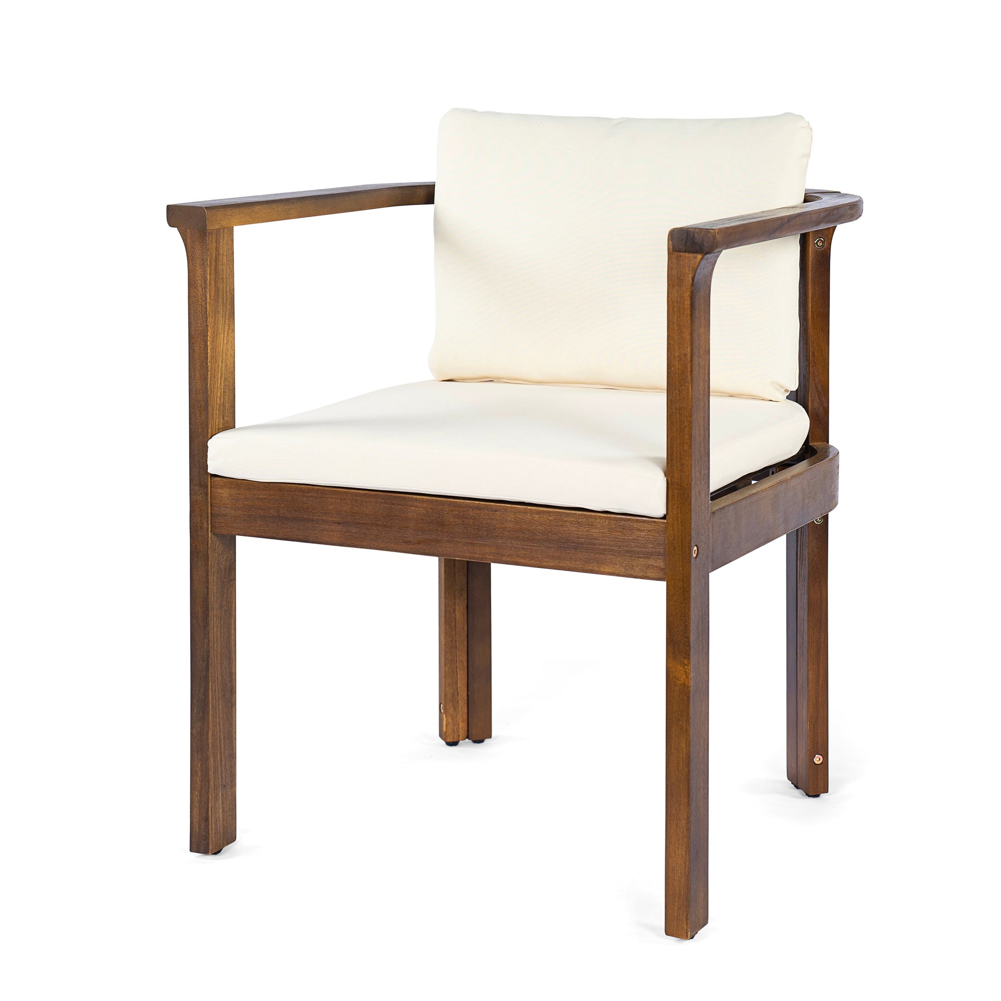 Outdoor dining chair set of 2 with curved acacia wood arms and cream cushions on Tampa Home & Garden Store