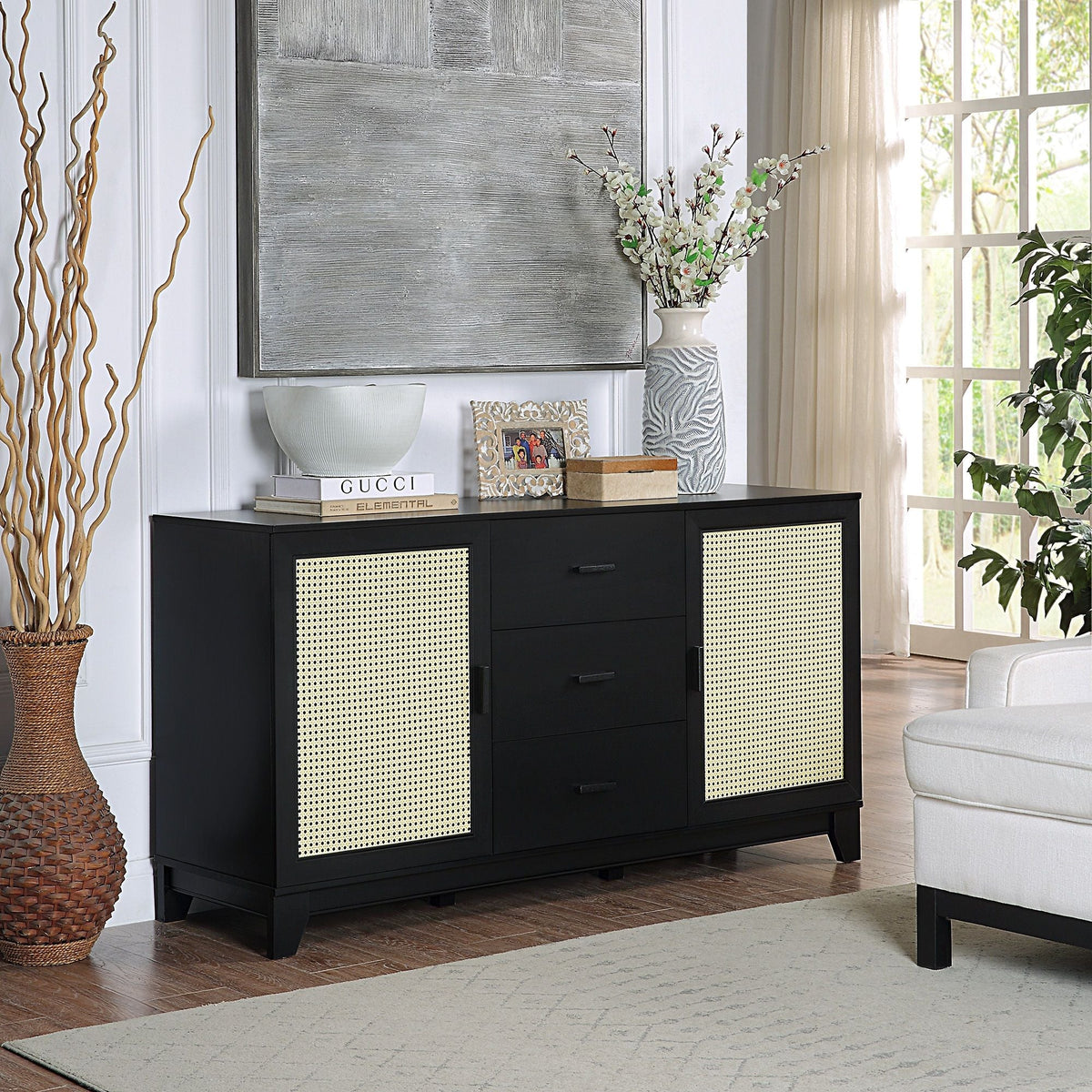 Modern Cane Design Sideboard in black with cane-panel doors and solid wood handles on Tampa Home & Garden Store