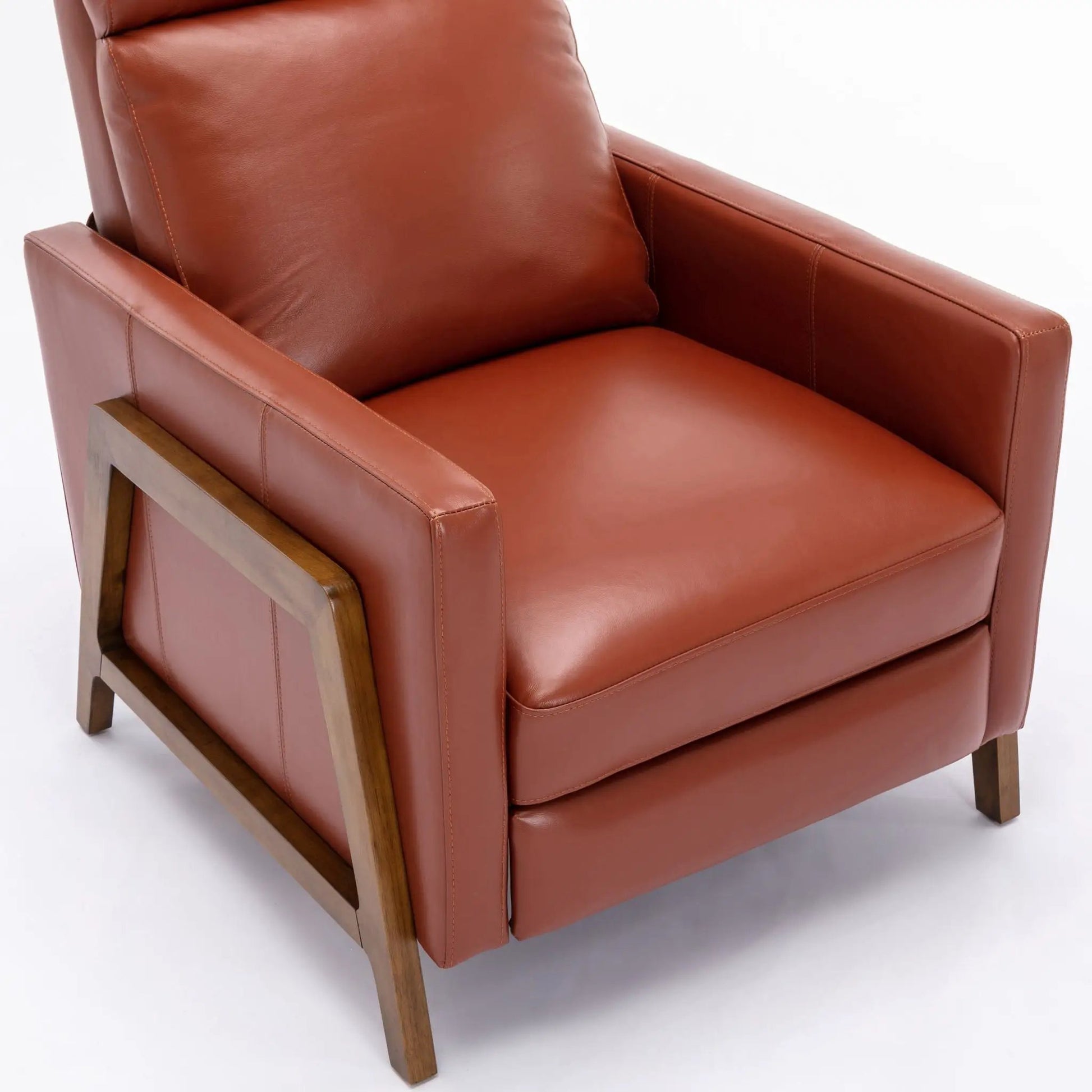 Richland Push Back Recliner Chair brown leather upholstery with wooden arm frame on Tampa Home & Garden Store