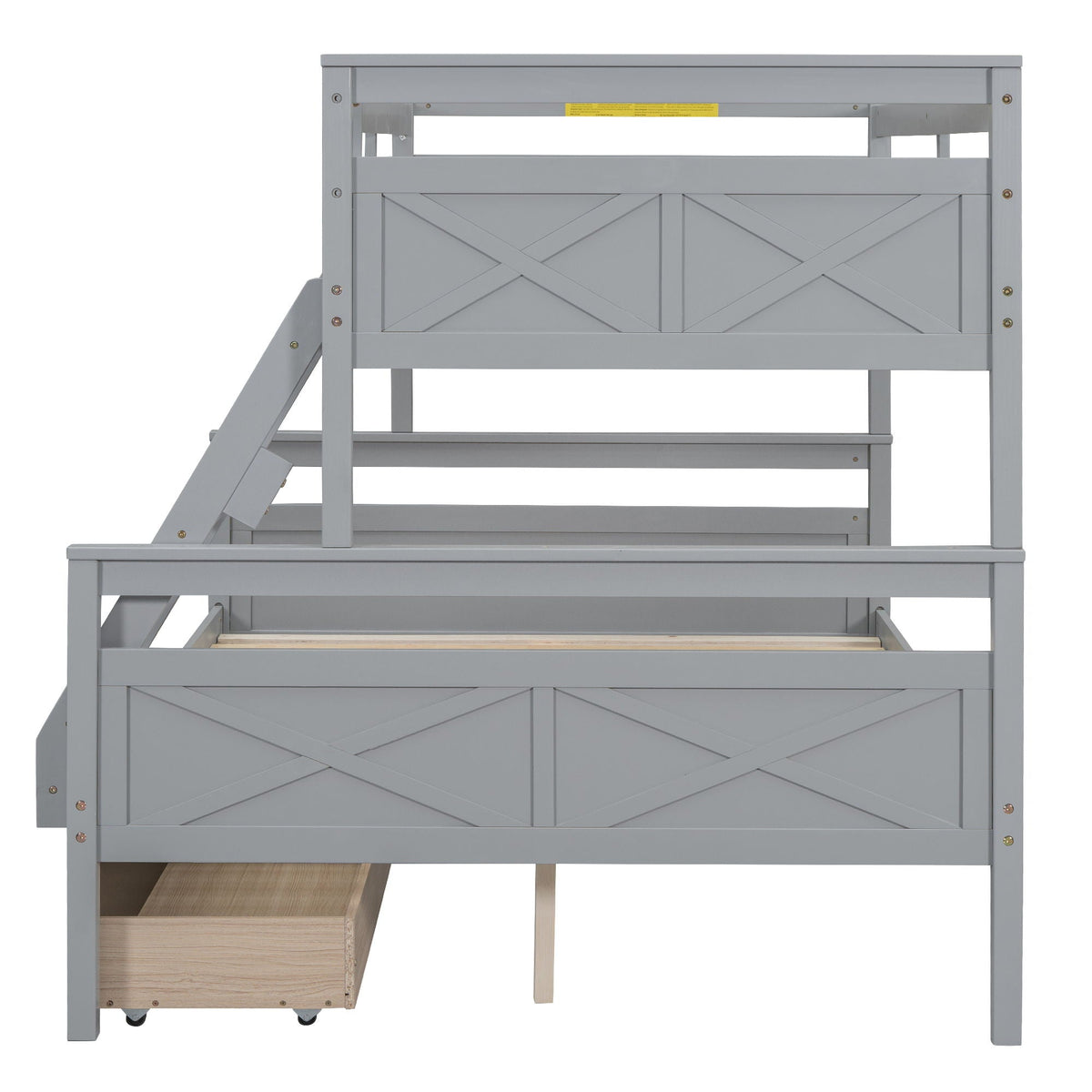 Gray wooden bunk bed with ladder and safety guardrail, X-panel headboard design, HouseOfZazla on Tampa Home & Garden Store