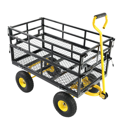 HouseOfZazla outdoor wagon cart with black frame, mesh bed and yellow wheels on Tampa Home & Garden Store