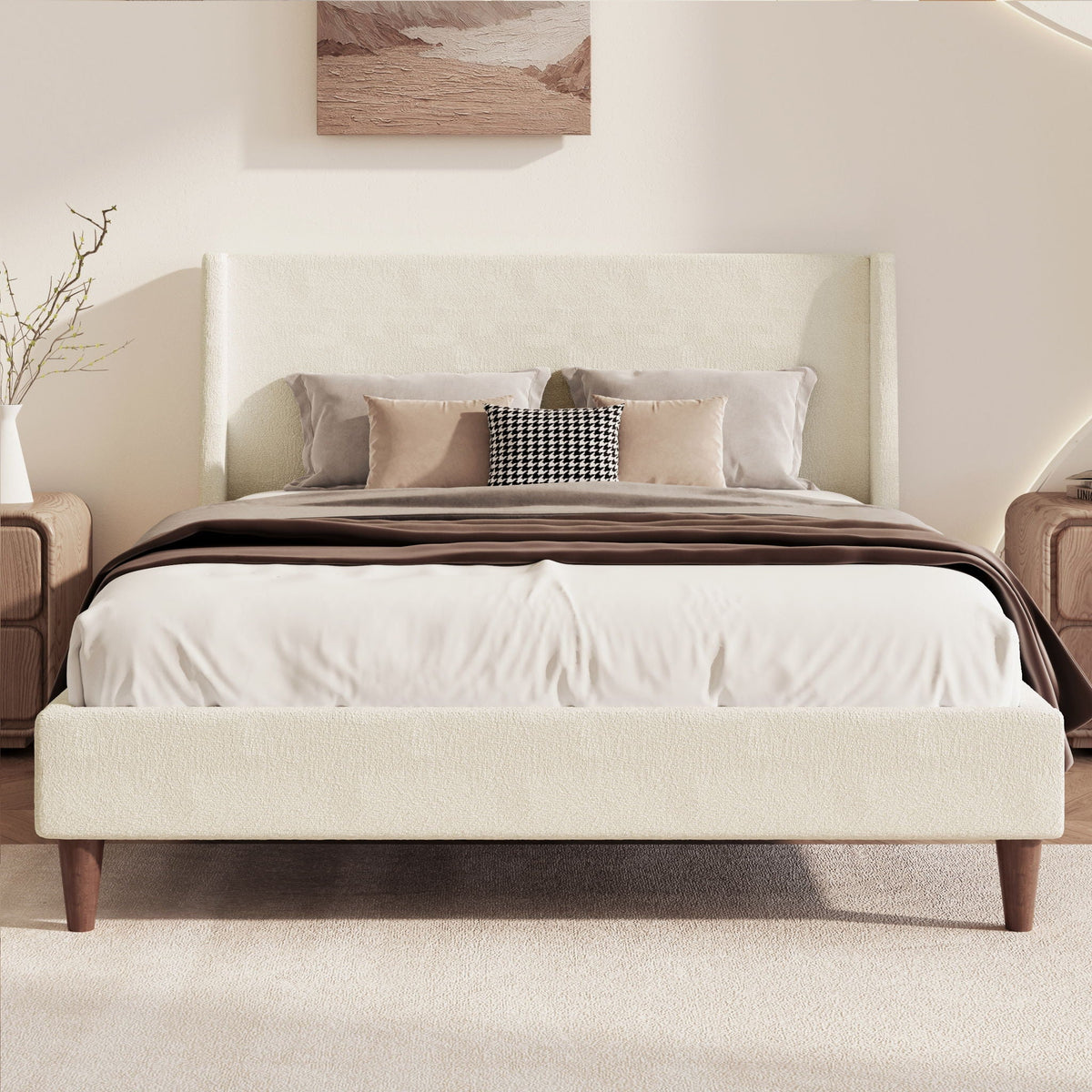 Upholstered Platform Bed With Wingback Headboard cream fabric with wooden legs HouseOfZazla on Tampa Home & Garden Store