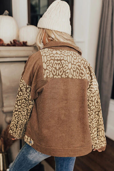Leopard print drop-shoulder jacket Stevvex in brown with leopard panels and button-up closure on Tampa Home & Garden Store