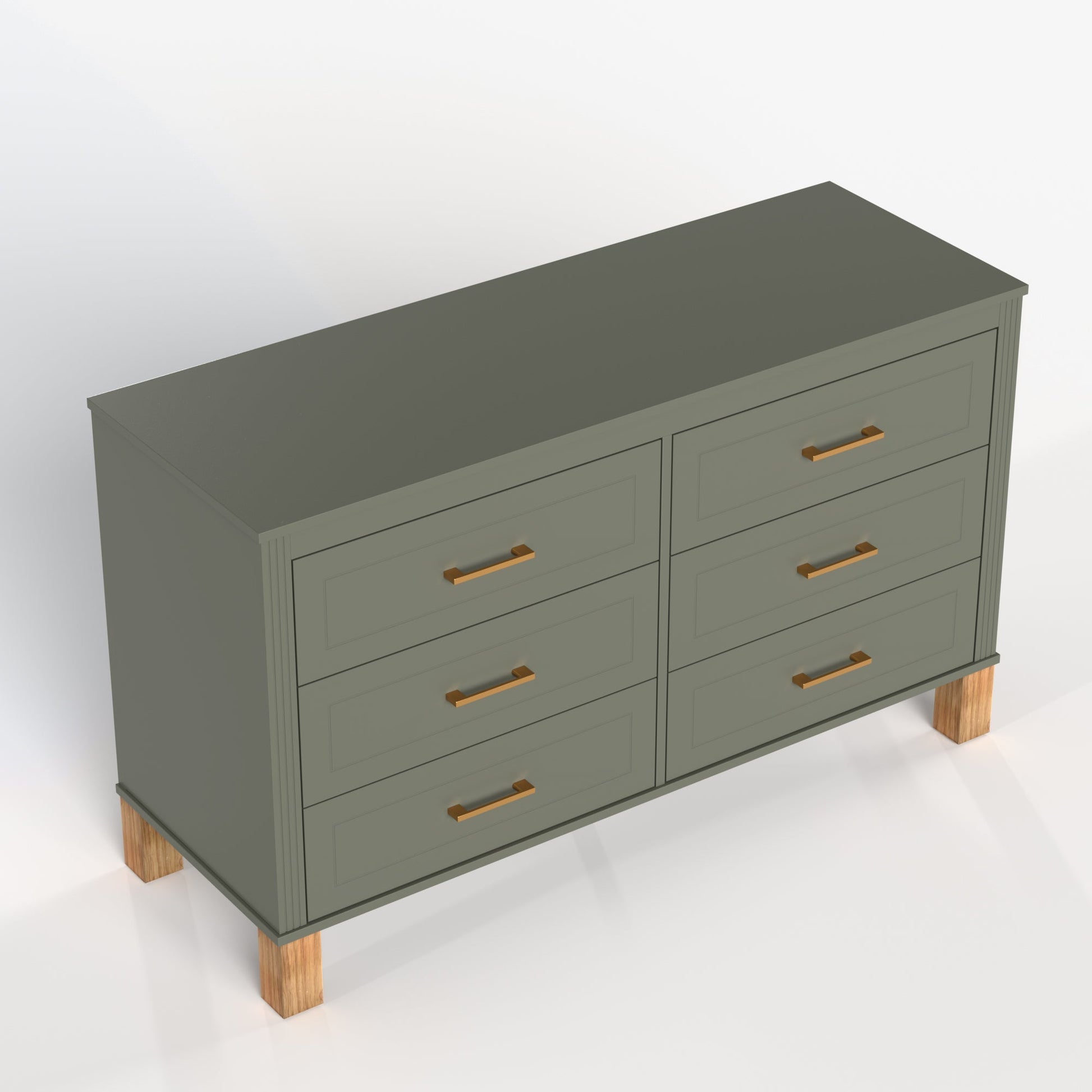 6-Drawer Double Dresser in Olive green by HouseOfZazla with gold hardware and wood legs on Tampa Home & Garden Store