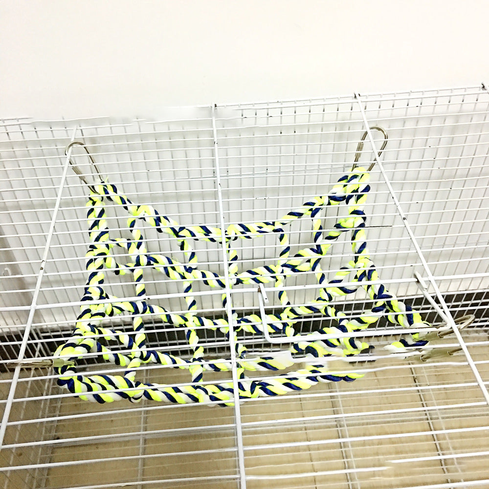 Parrot climbing net with neon yellow and blue twisted rope for bird toys in cage on Tampa Home & Garden Store