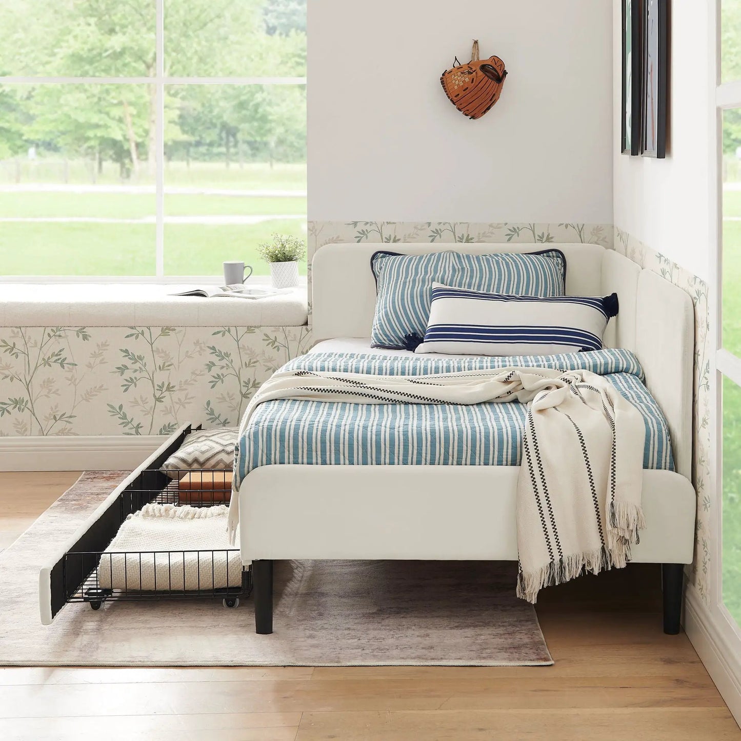 Upholstered Bed Frame With Drawers and Sofa Bed