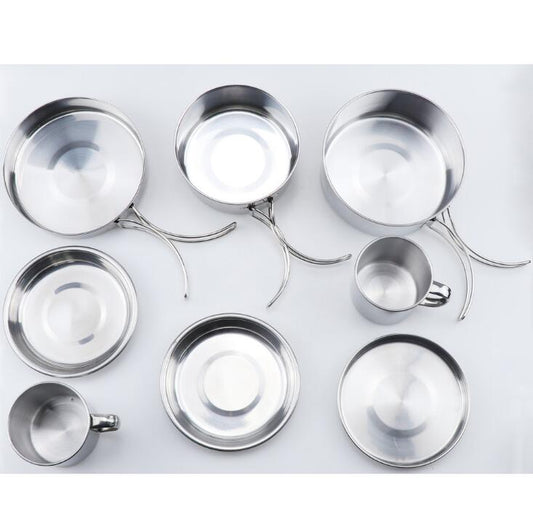 Mayitr 8Pcs Stainless Steel Outdoor Camping Picnic Pot Pan Kit Camping Backpacking Hiking Cookware Set High quality