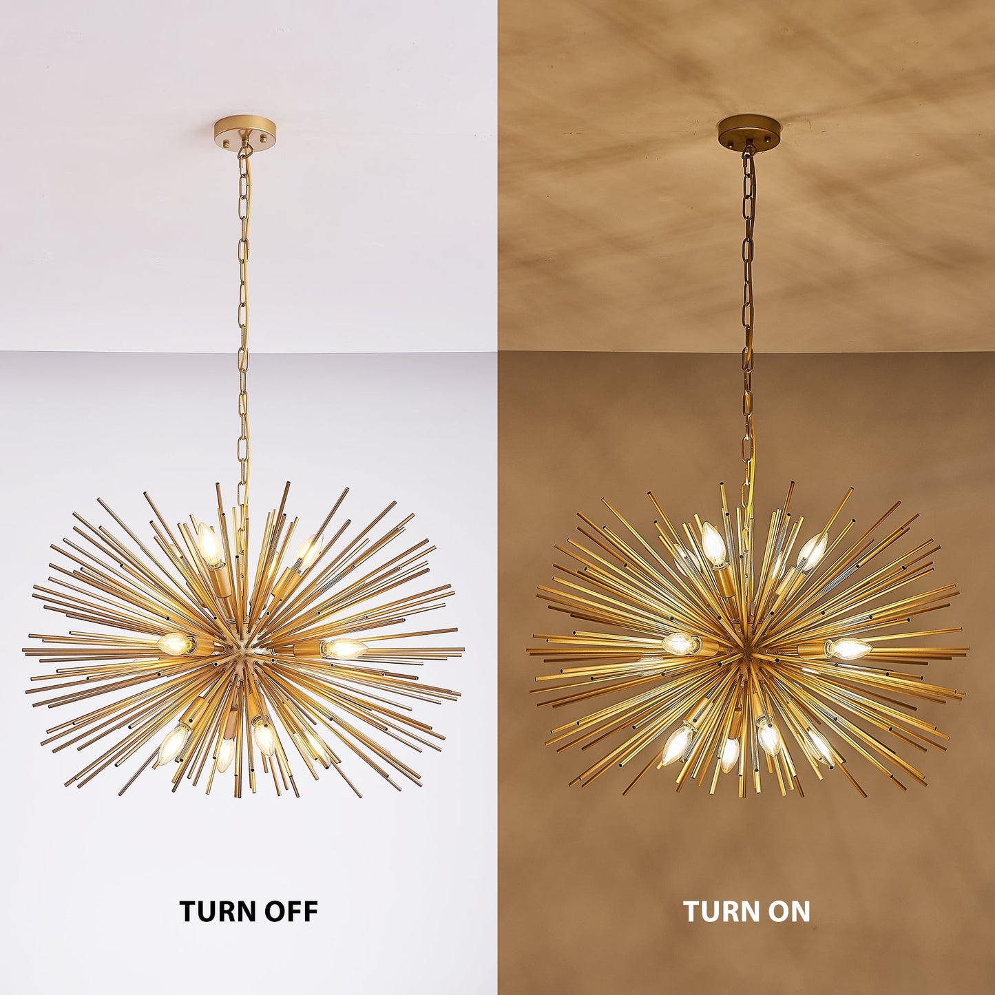 12-light gold starburst chandelier on chain, mid-century style, split view left off right on Tampa Home & Garden Store