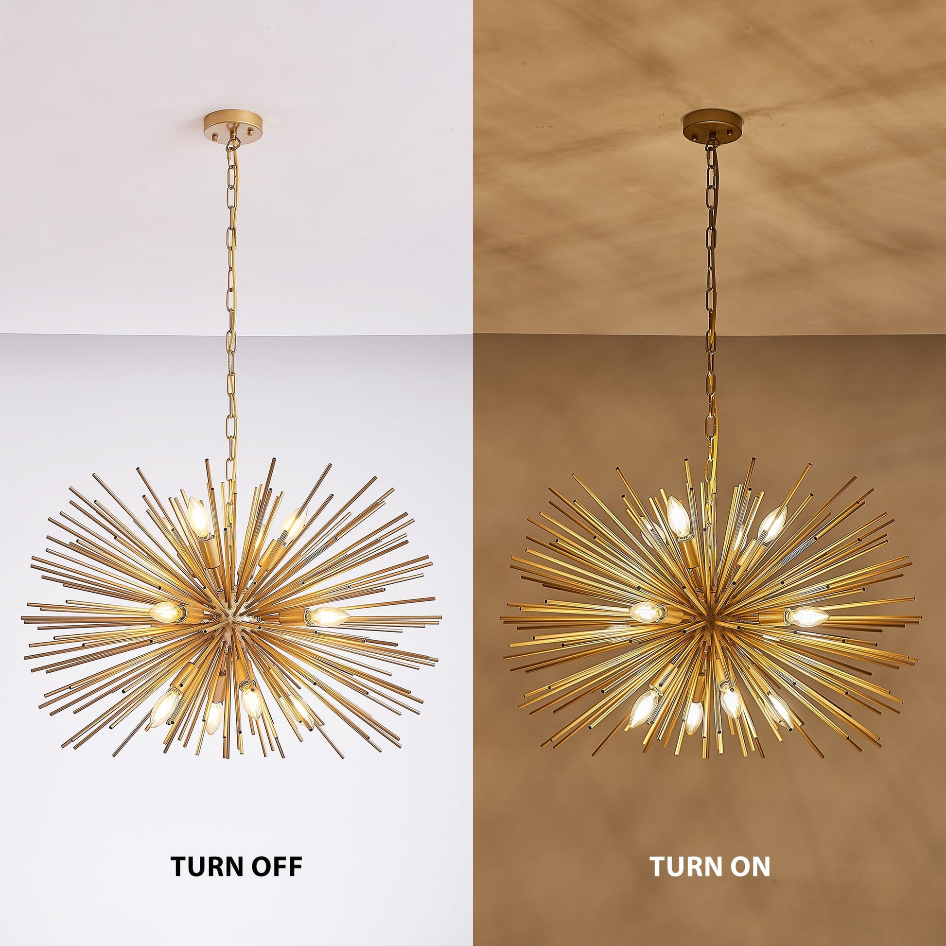 12-light gold starburst chandelier on chain, mid-century style, split view left off right on Tampa Home & Garden Store