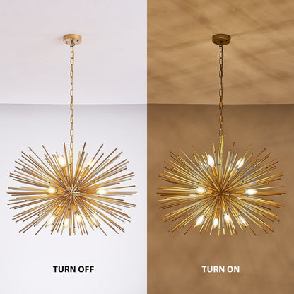 12-light gold starburst chandelier on chain, mid-century style, split view left off right on Tampa Home & Garden Store