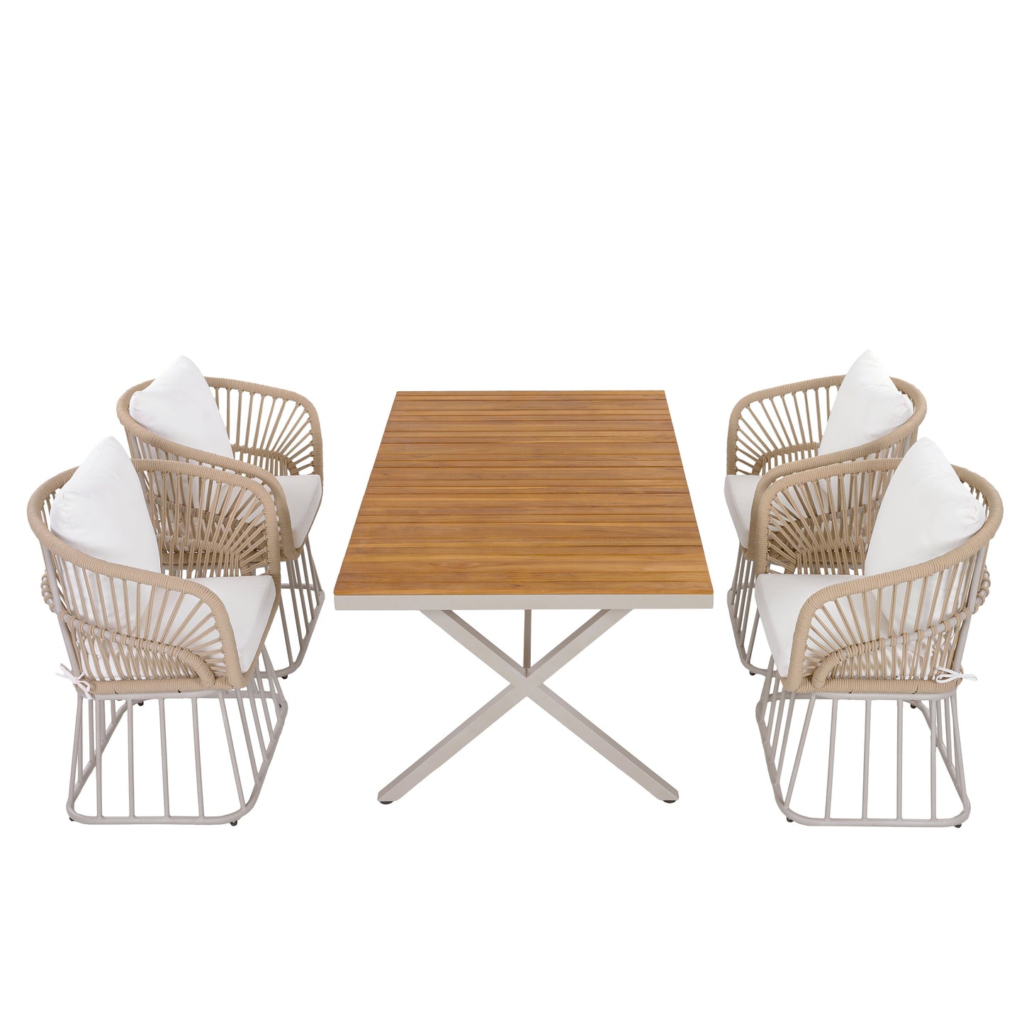 Outdoor 5 Piece Teak Dining Set And Wicker Chairs