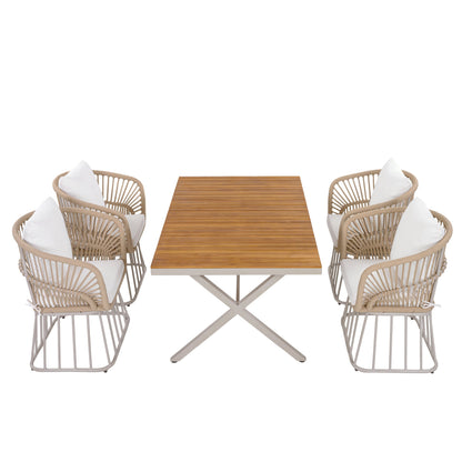 Outdoor 5 Piece Teak Dining Set And Wicker Chairs