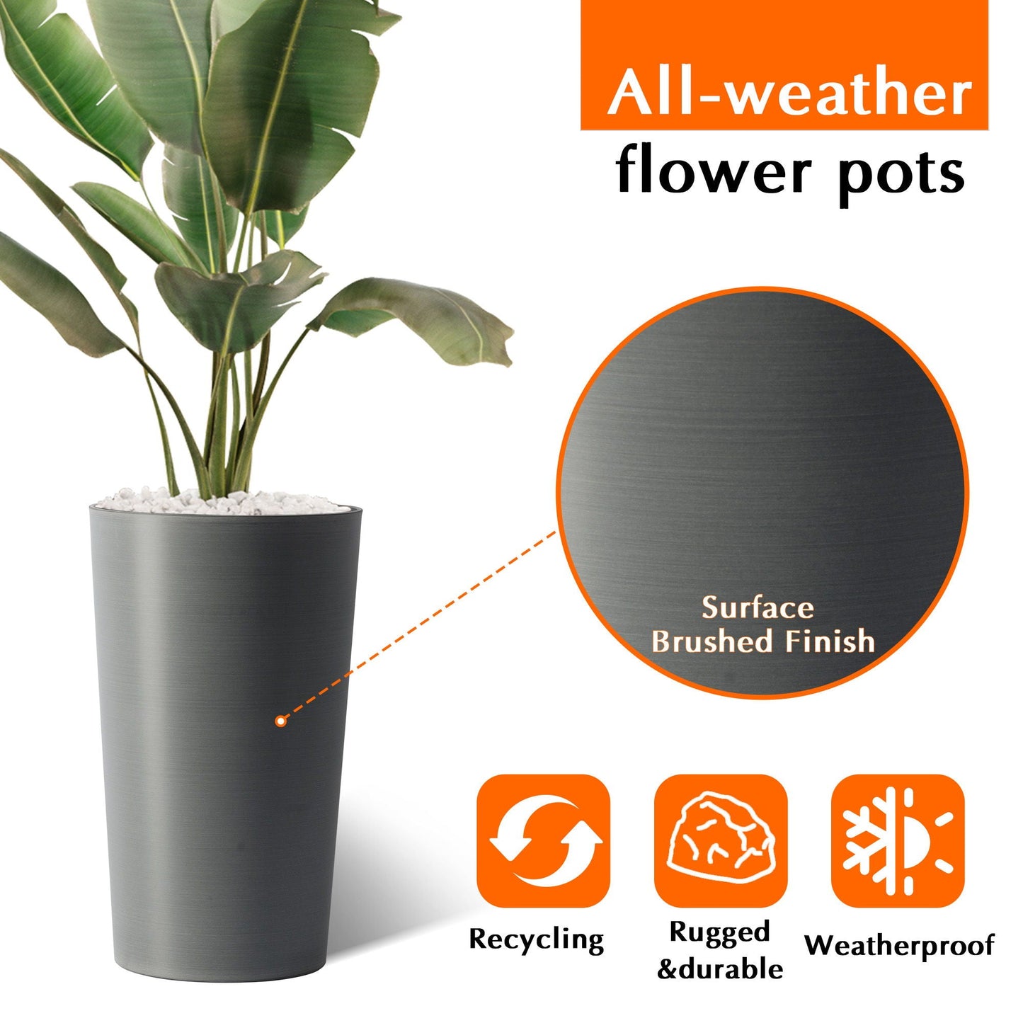 Planter For Outdoor by HouseOfZazla in dark gray surface-brushed finish with a lush plant on Tampa Home & Garden Store