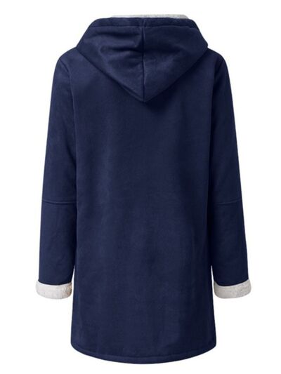 Full Size Pocketed Long Sleeve Hooded Toggle Jacket navy blue back with gray cuff lining on Tampa Home & Garden Store