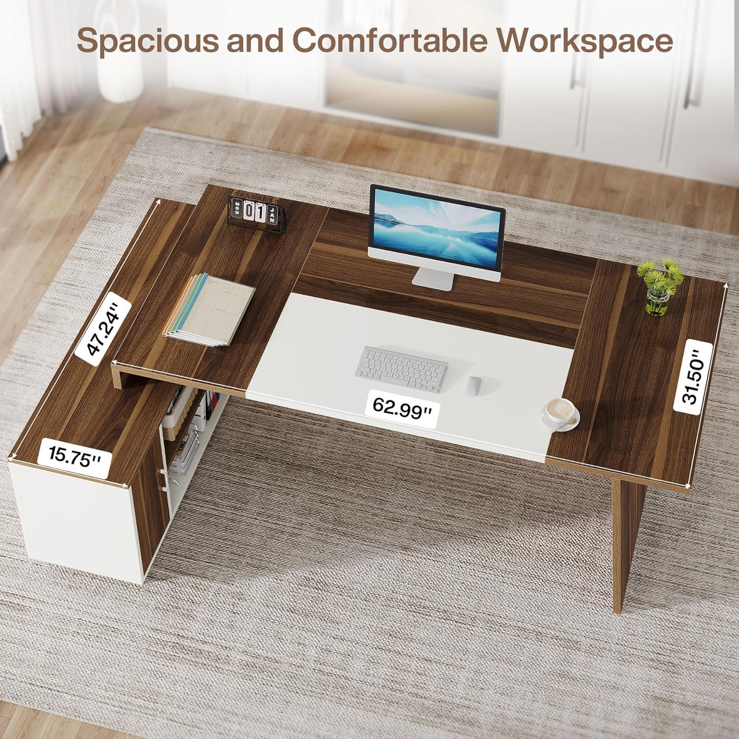 L-shaped executive desk in white and walnut with storage cabinet and shelves on Tampa Home & Garden Store