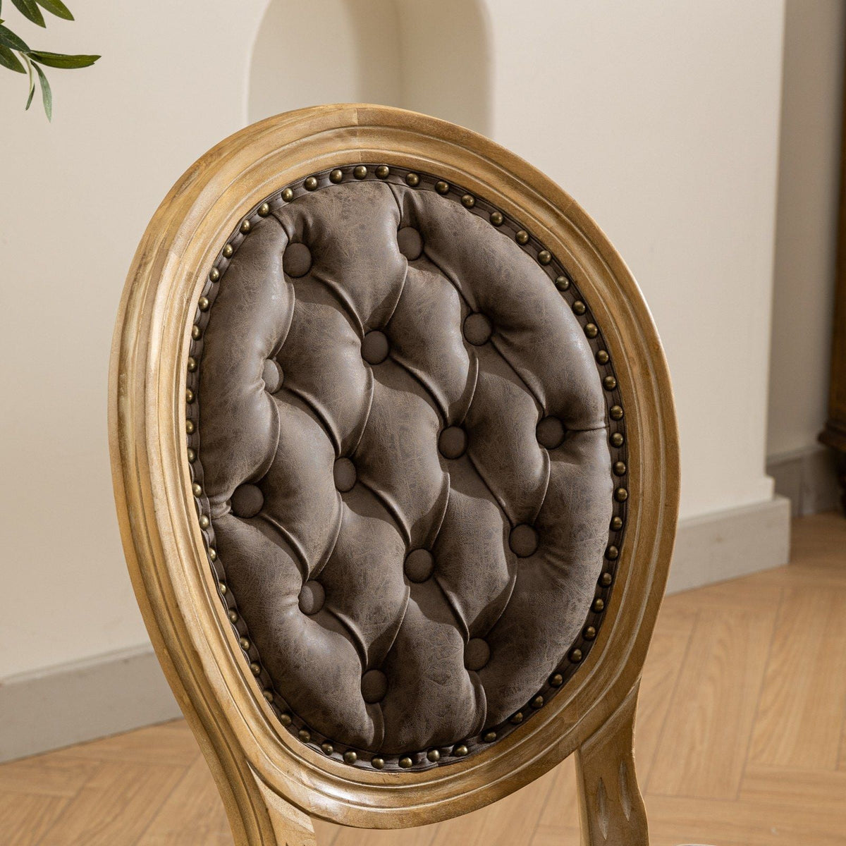 French Style solid wood dining chair with tufted gray upholstery and nailhead trim on Tampa Home & Garden Store