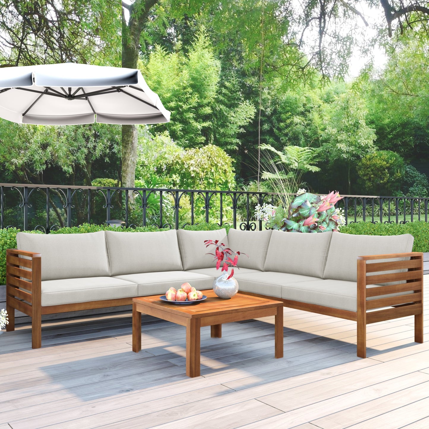 Wood Structure Outdoor Sofa Set Beige Cushions by HouseOfZazla, teak frame, L-shaped sectional on Tampa Home & Garden Store