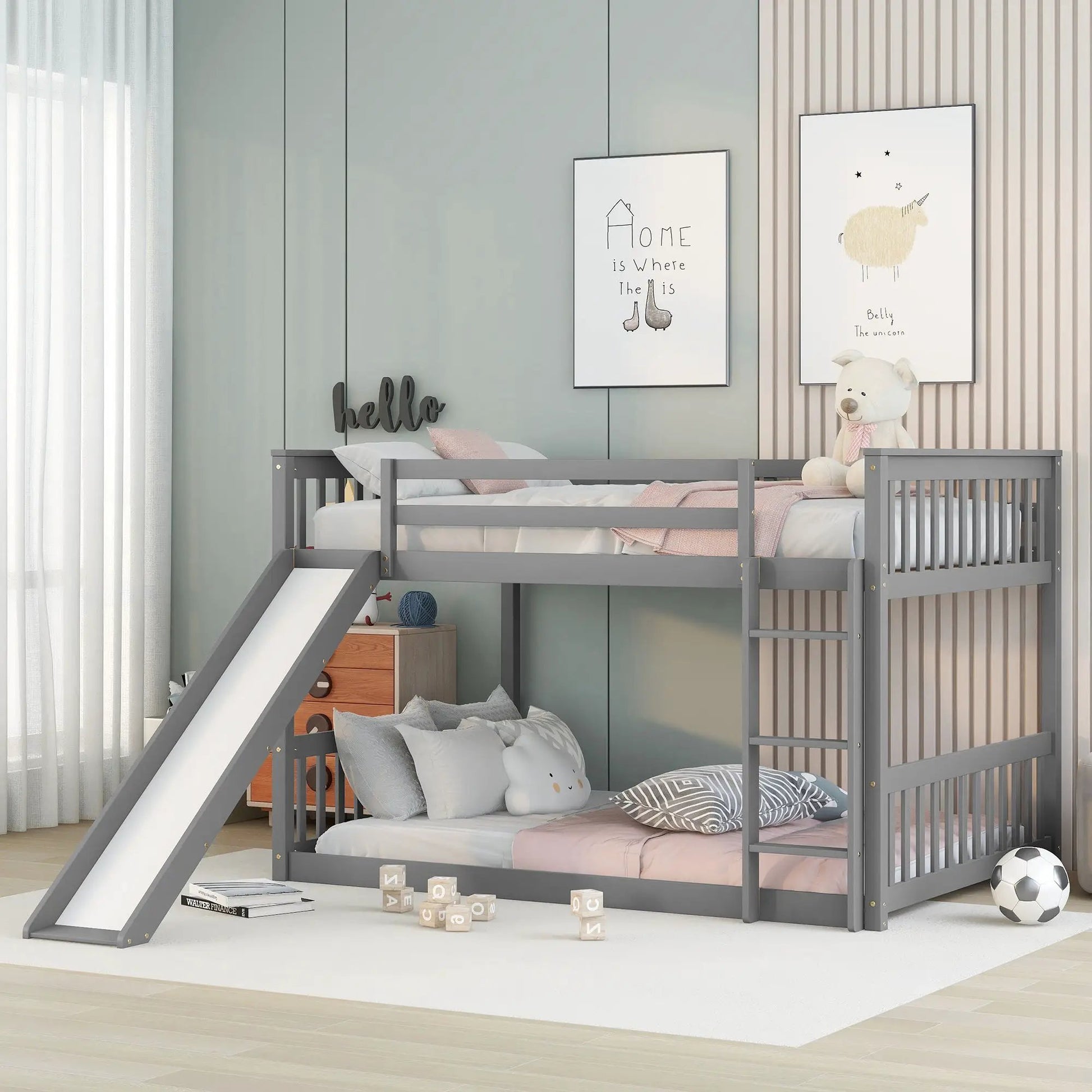 Bunk Bed With Slide And Ladder in gray metal frame, 2-tier design, Unique Piece Furniture on Tampa Home & Garden Store