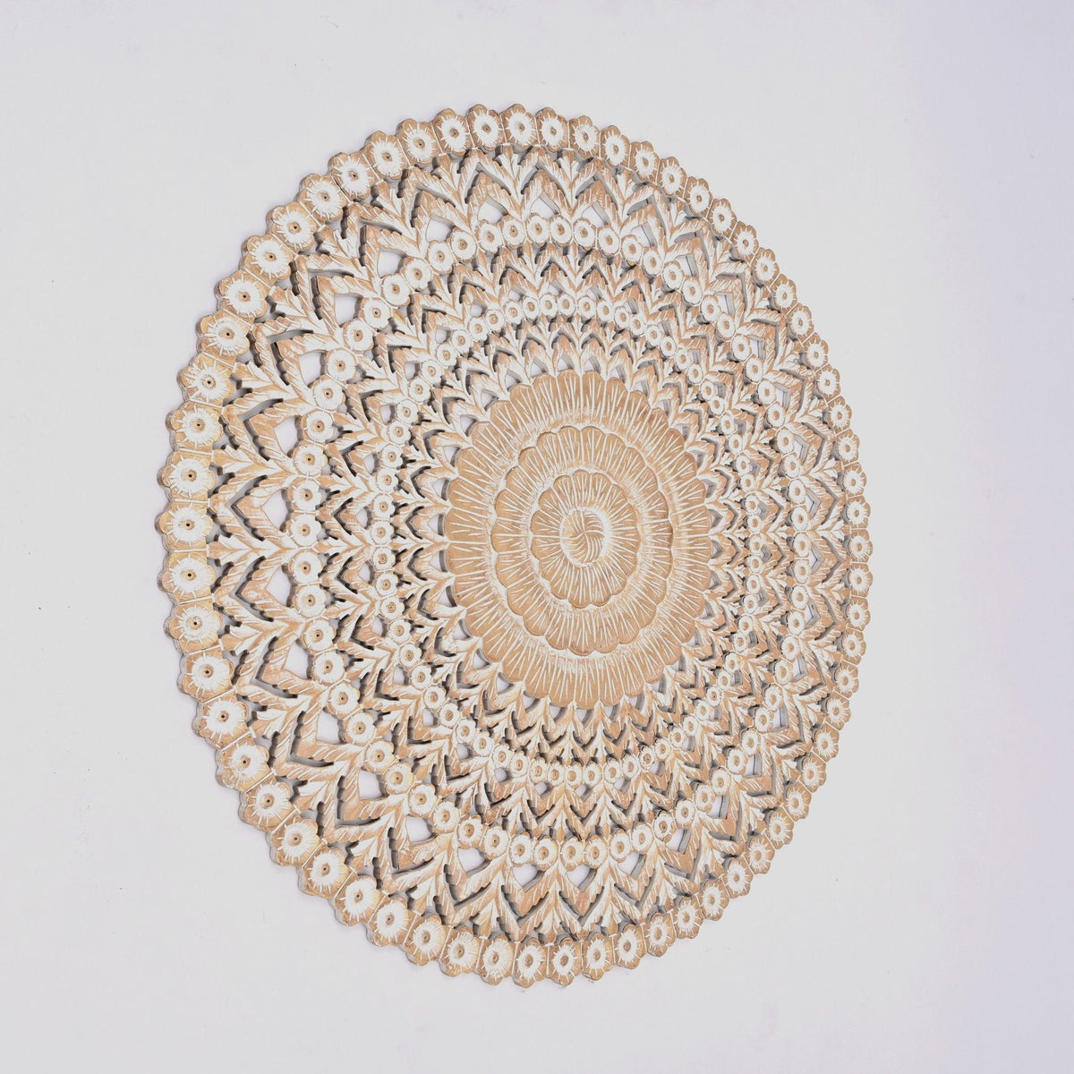Floral Hand Carved Mandala Round Wall Decor brown antique white wood HouseOfZazla on Tampa Home & Garden Store