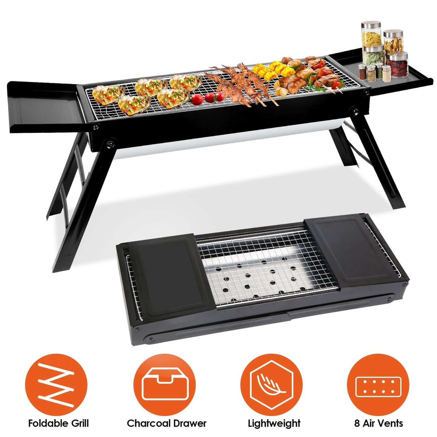 GemGear foldable charcoal grill with shelf and stainless steel grate, tabletop BBQ on Tampa Home & Garden Store