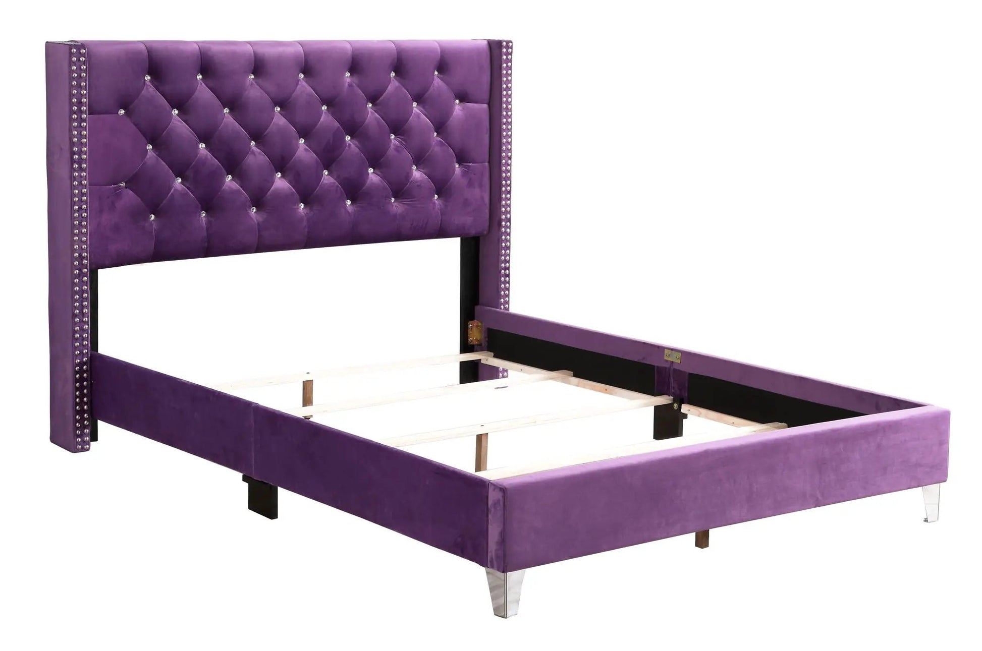 Purple velvet upholstered bed with tufted nailhead trim by Unique Piece Furniture on Tampa Home & Garden Store