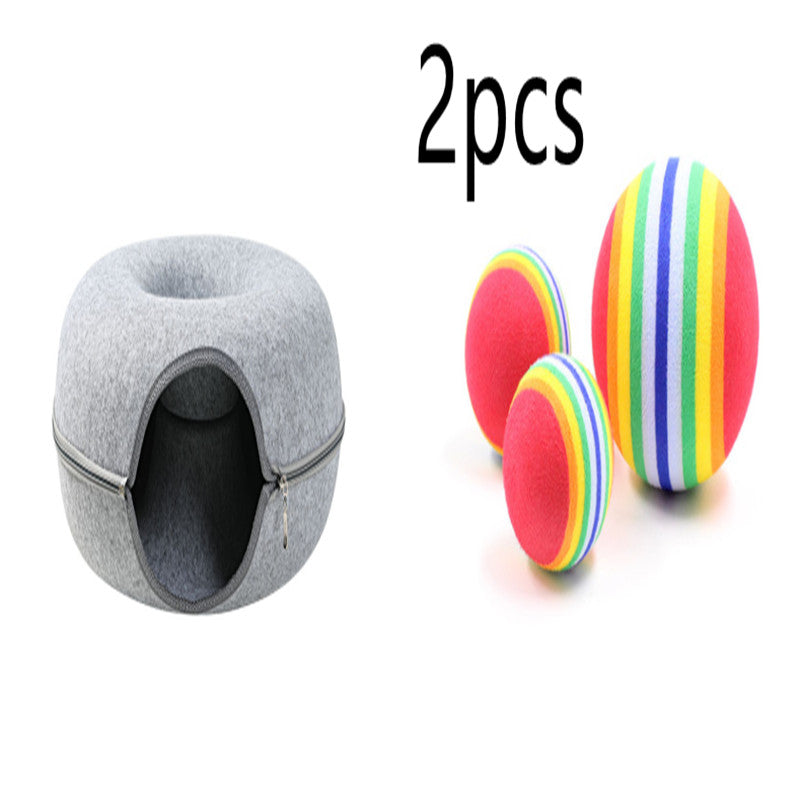 Grey round woolen felt cat nest tunnel with zip opening and two colorful striped felt balls on Tampa Home & Garden Store