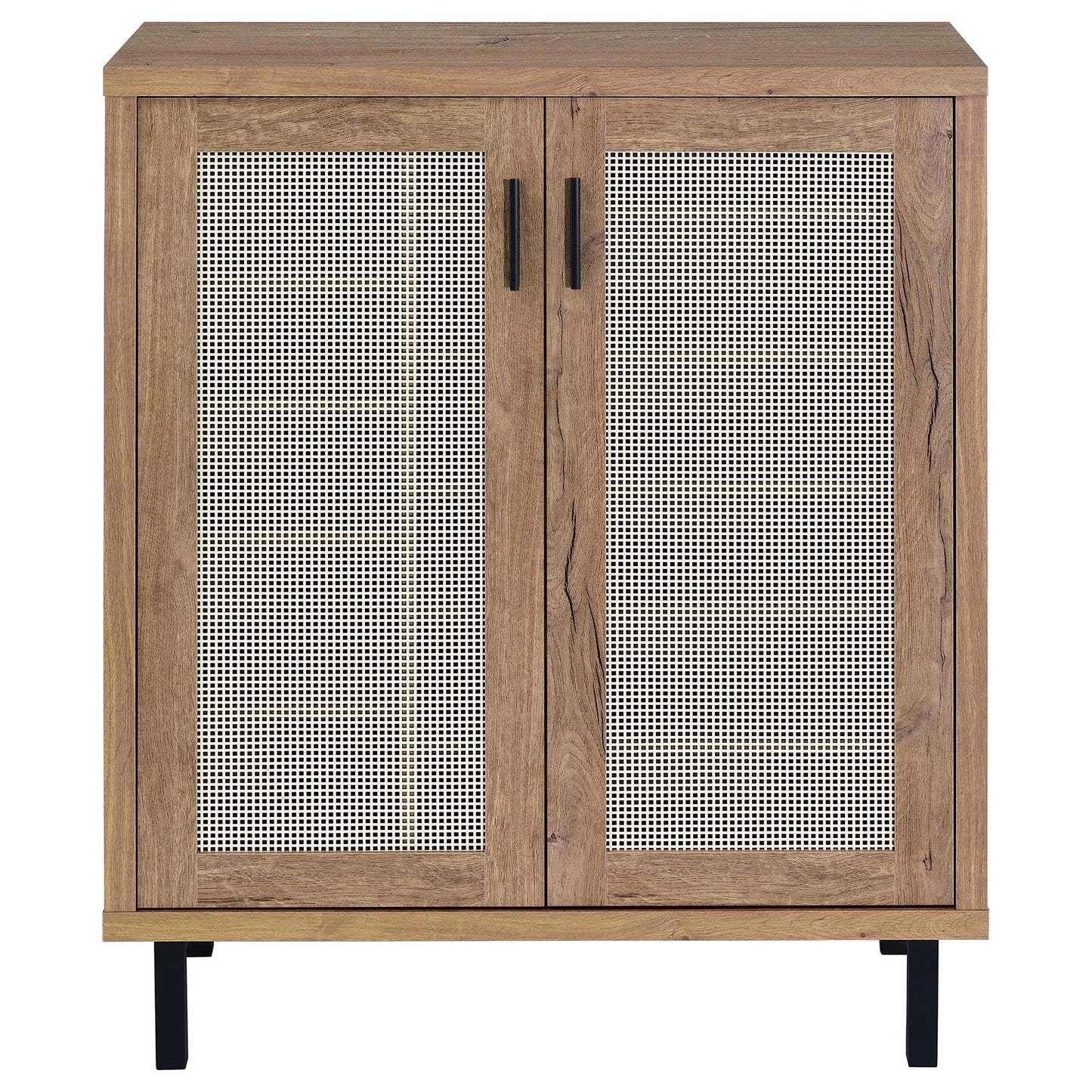 Stagg 2-door shoe storage cabinet natural wood with cane doors and black handles on black legs on Tampa Home & Garden Store