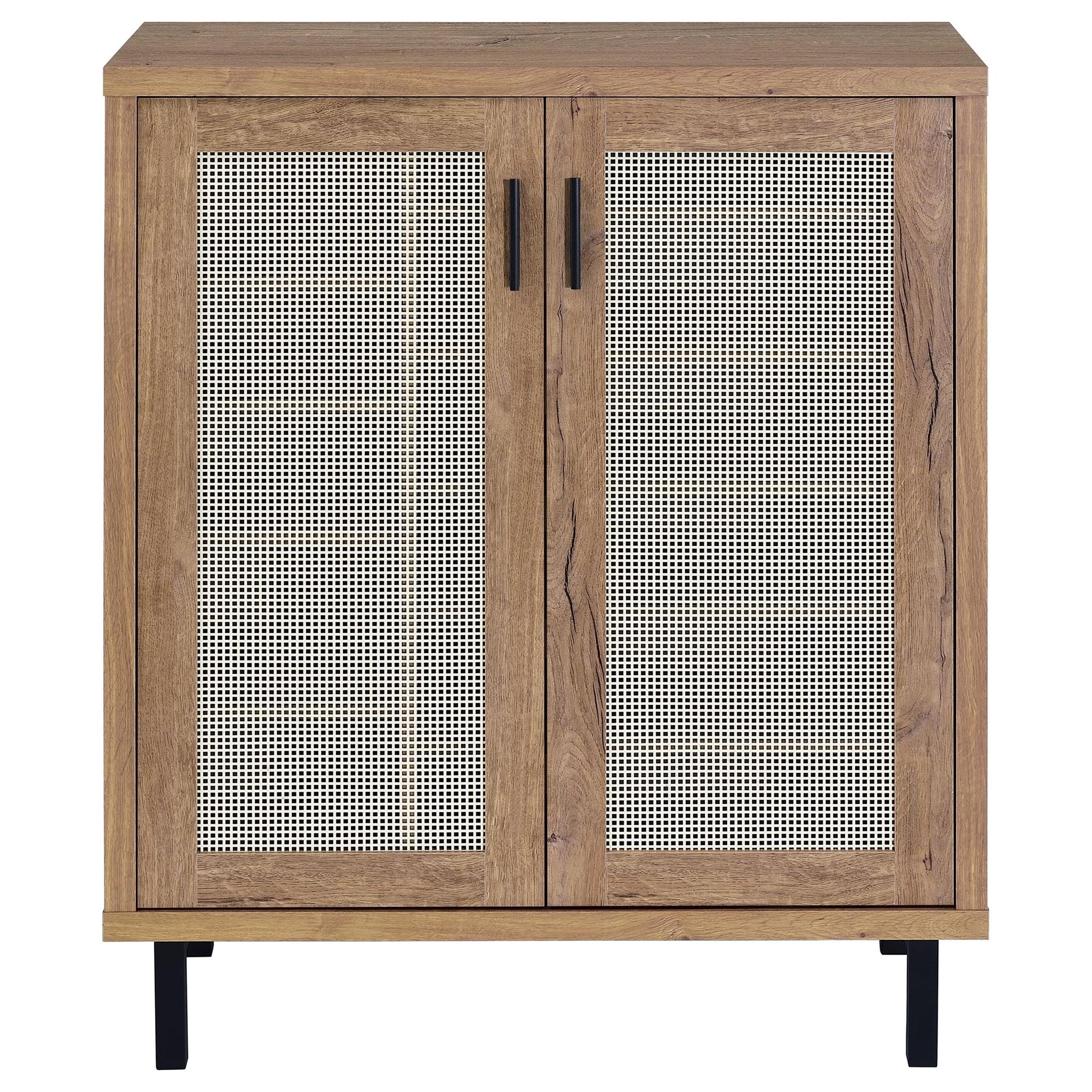 Stagg 2-door shoe storage cabinet natural wood with cane doors and black handles on black legs on Tampa Home & Garden Store