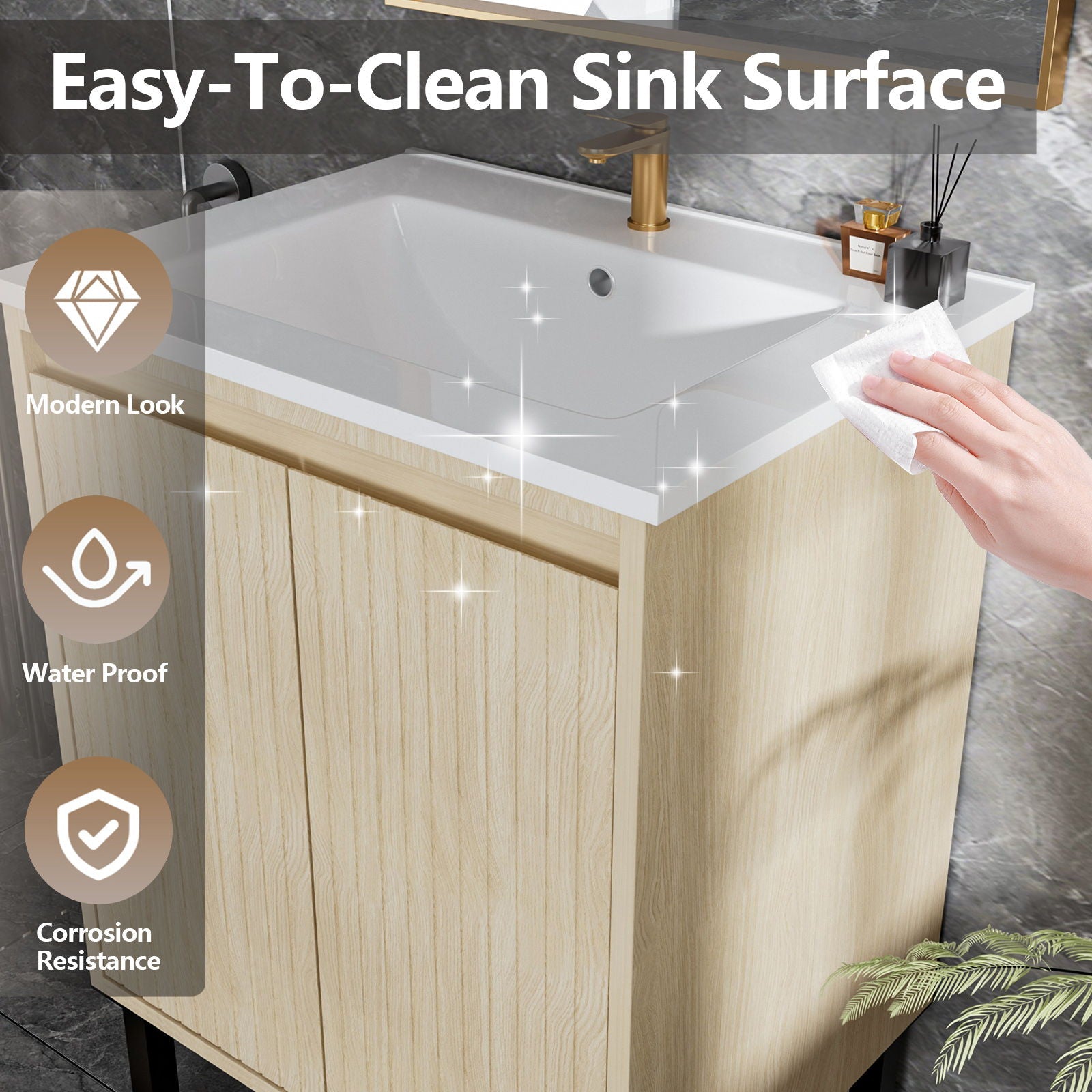Bathroom vanity with ceramic sink, standalone light-wood cabinet, gold faucet, soft-close drawers on Tampa Home & Garden Store