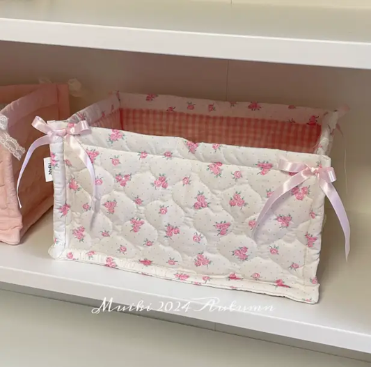 Quilted storage basket desktop organizer in white floral fabric with pink lining on Tampa Home & Garden Store