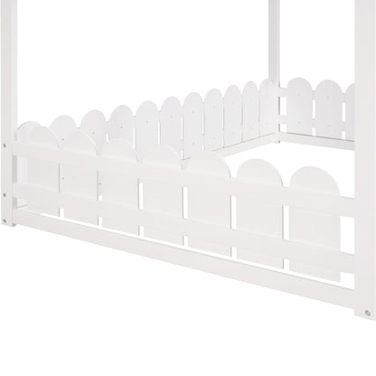 Full Size Wood Bed House Bed Frame with Fence for Kids (White)