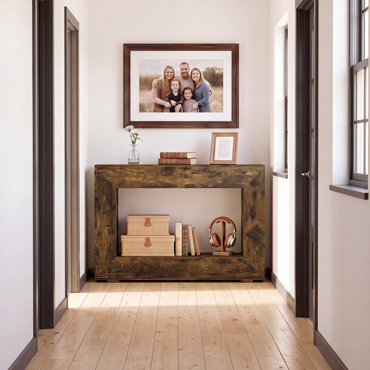 Farmhouse Console Table 47in dark wood by DirectDeals; 2-tier storage, top vase and books on Tampa Home & Garden Store
