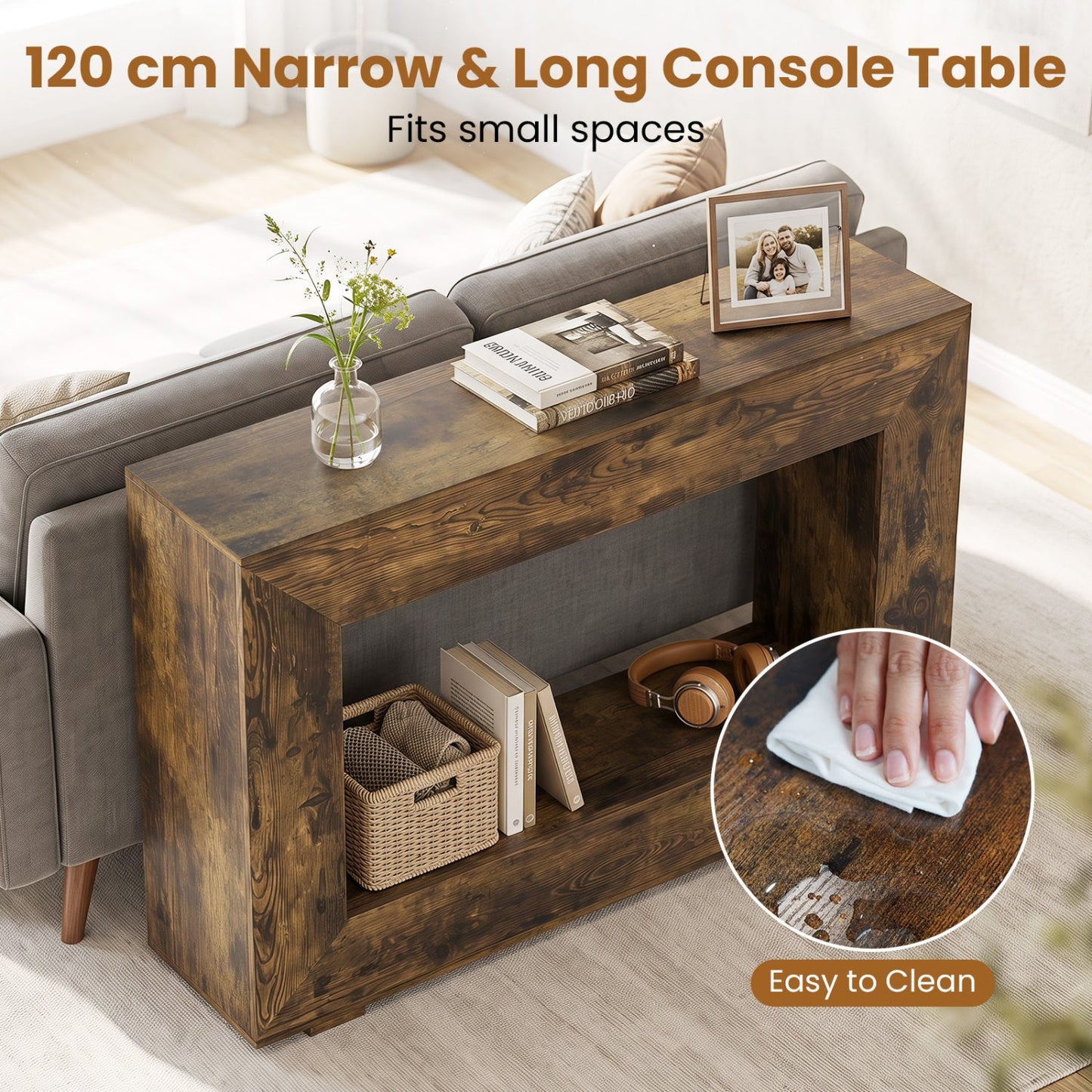 47in farmhouse console table by DirectDeals with 2-tier storage in dark wood; vase, books, photo on Tampa Home & Garden Store